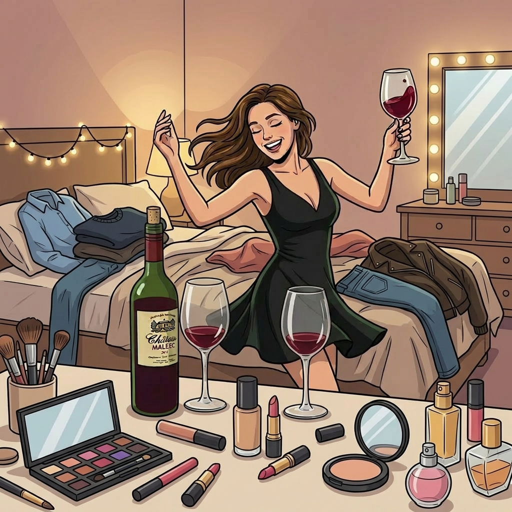 Woman with smudged makeup sitting at table with wine bottle, glass, and empty pizza box looking distressed